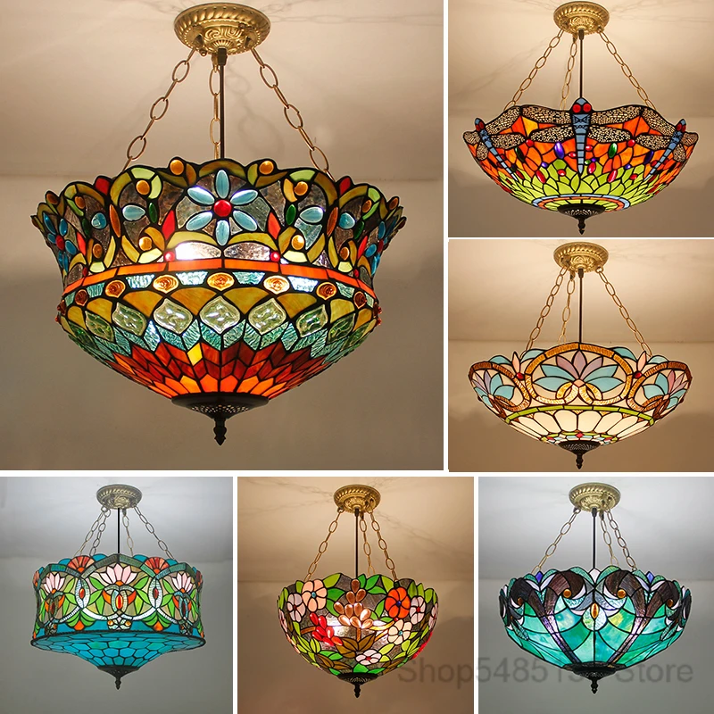 Tiffany Retro Stained Glass Pendant Lights Vintage Mediterranean Baroque Hanging Lamp for Dining Room Bar Kitchen Light Fixtures
