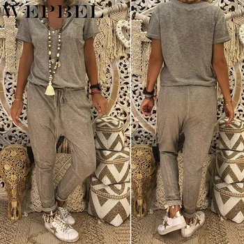 

WEPBEL Summer Jumpsuit Fashion Loose Short Sleeve Solid Color V-neck Pants Jumpsuit