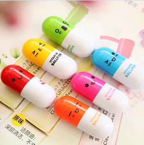 

1 Pc Cute Smiling Face Telescopic Vitamin Capsule Ballpen Pill Ball Point Pen Pencils for School