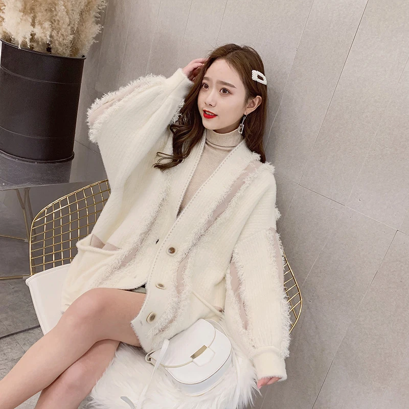 buy  [EAM] Loose Fit Loose Big Size Knitting Jacket New Lapel Long Lantern Sleeve Women Coat Fashion Tid