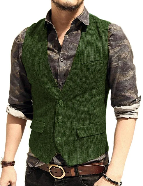 Men's Suit Vest V Neck Wool Herringbone Tweed Casual Waistcoat Formal Business Vest Groomman For Green/Black/Brown/Coffee 5
