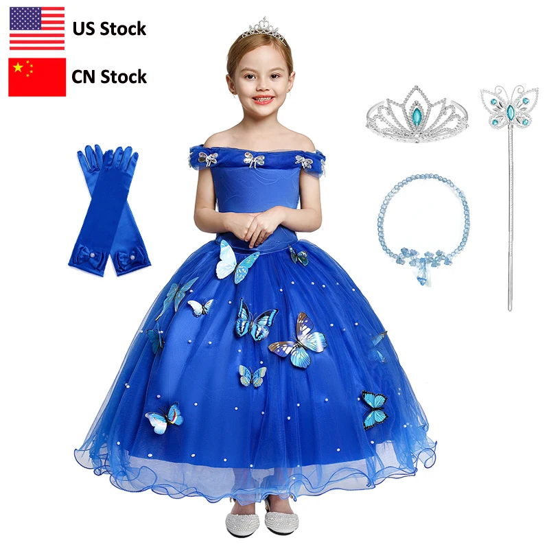 Cinderella Fancy Girl Blue Evening Tulle Long Dress Elegant Girls Tutu Party Night Carnival Kids Princess Costume | Детская одежда и