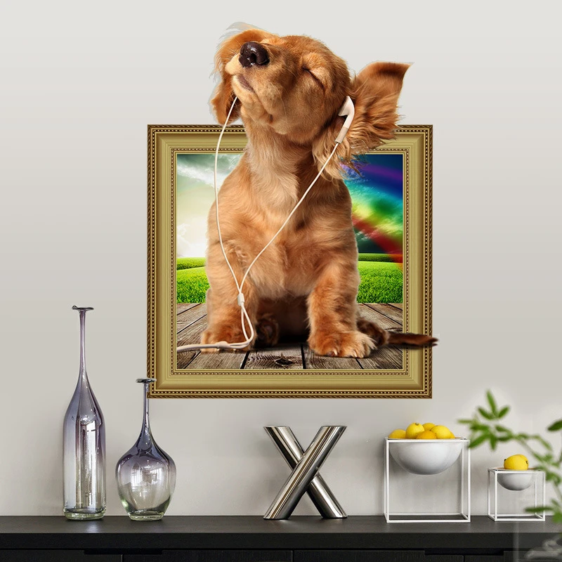 

3D Simulation Cute Puppy Photo Frame Wall Sticker Animal Dog Rainbow Mural Pet Shop Children's Room Baby Bedroom Decor Decal PVC