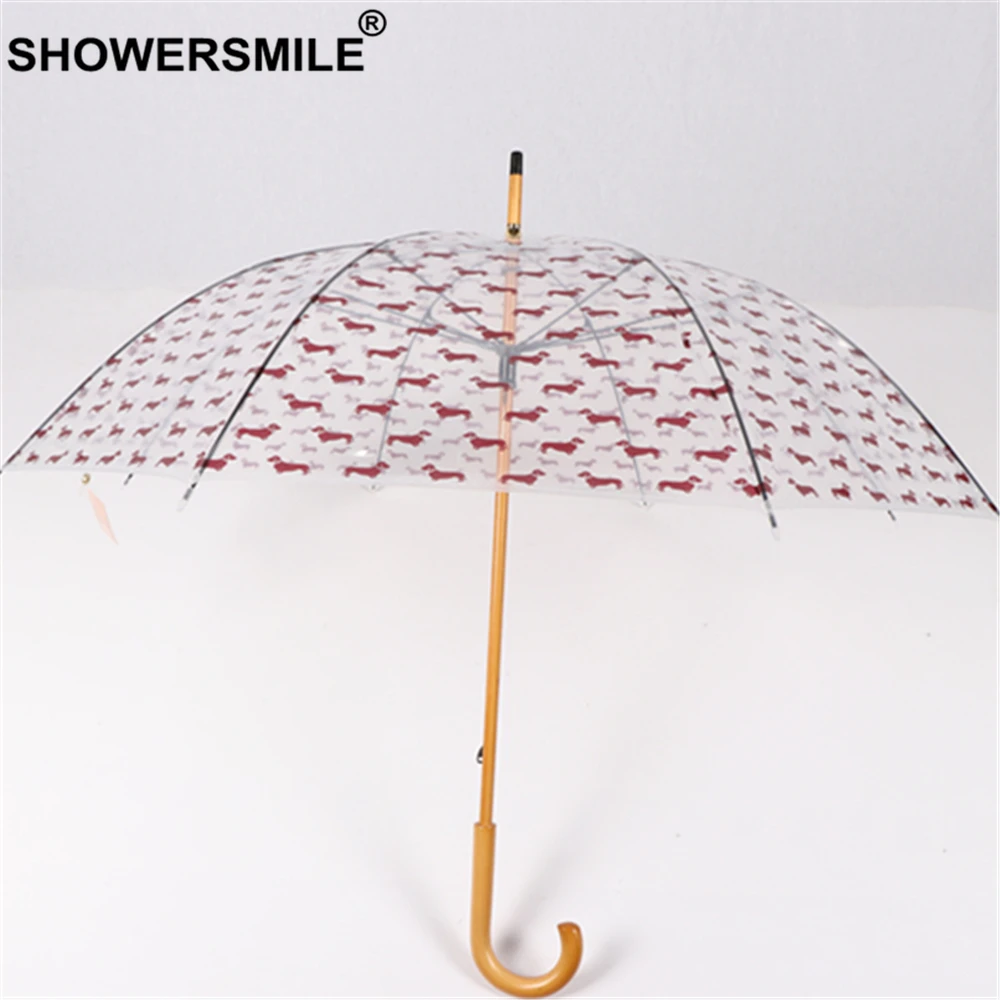 SHOWERSMILE Transparent Umbrella Rain Women Wooden Handle Parasol Dog Print Fashion Ladies Hanging Brand Adult Guarda Chuva