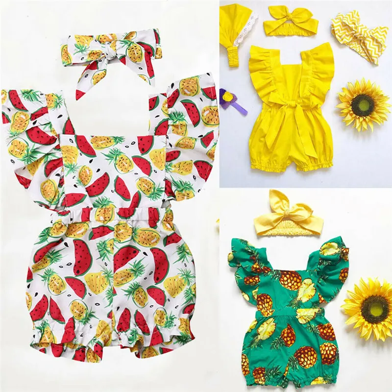 

Summer Newborn Baby Girl Bowknot Romper Printed Short Sleeve Jumpsuit Headband Outfits Clothes