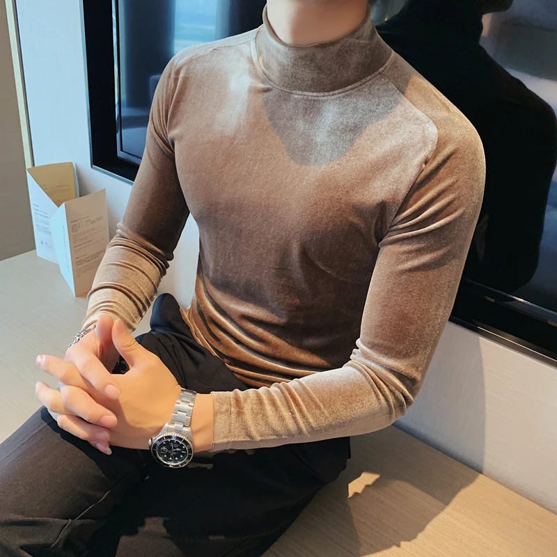 ★Wai Kei★ Stitch Line Turtleneck T-Shirt Khaki YK22FWTS02 Mid Grey Marl | Jersey Slim Turtle Neck Top | WoolOvers US