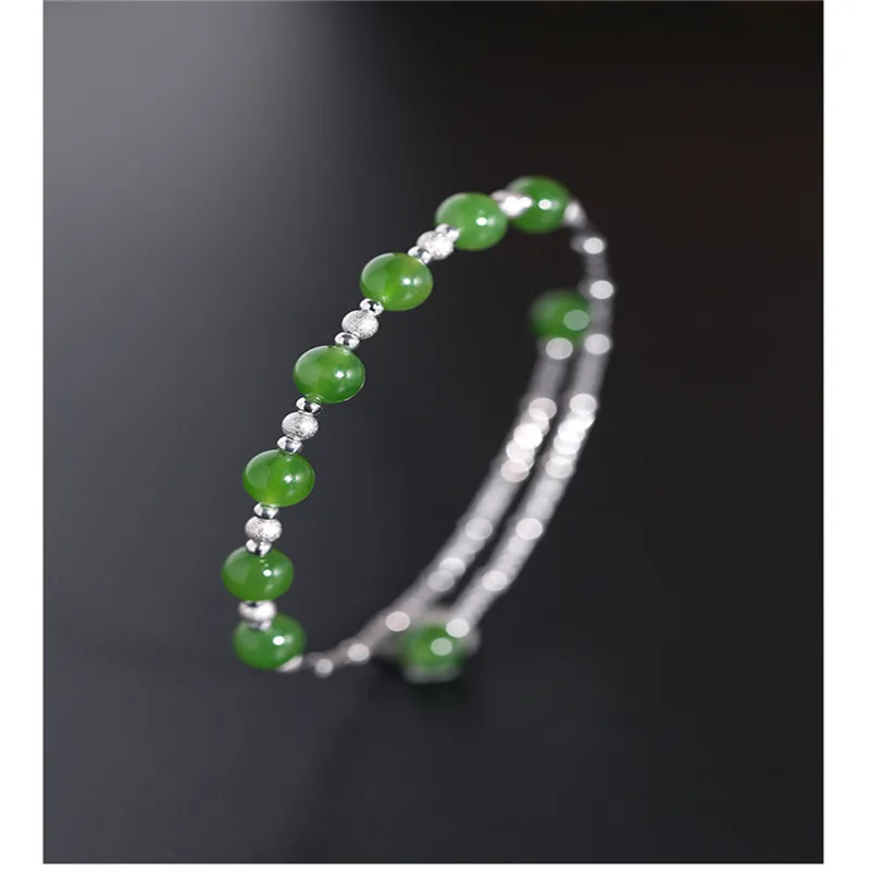

DAIMI Spinach green old material Hetian jasper bracelet gemstones female genuine 925 silver elastic bracelet gift