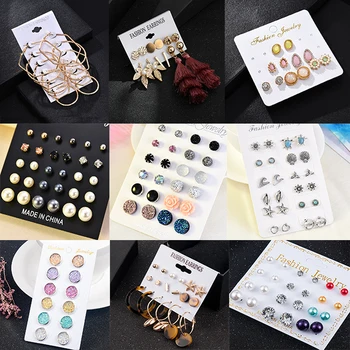 

2020 Bohemian Leopard Acrylic Pearl Stud Earrings Set for Women Fashion Geometry Tassel DIY Handmade Earrings Jewelry Gift
