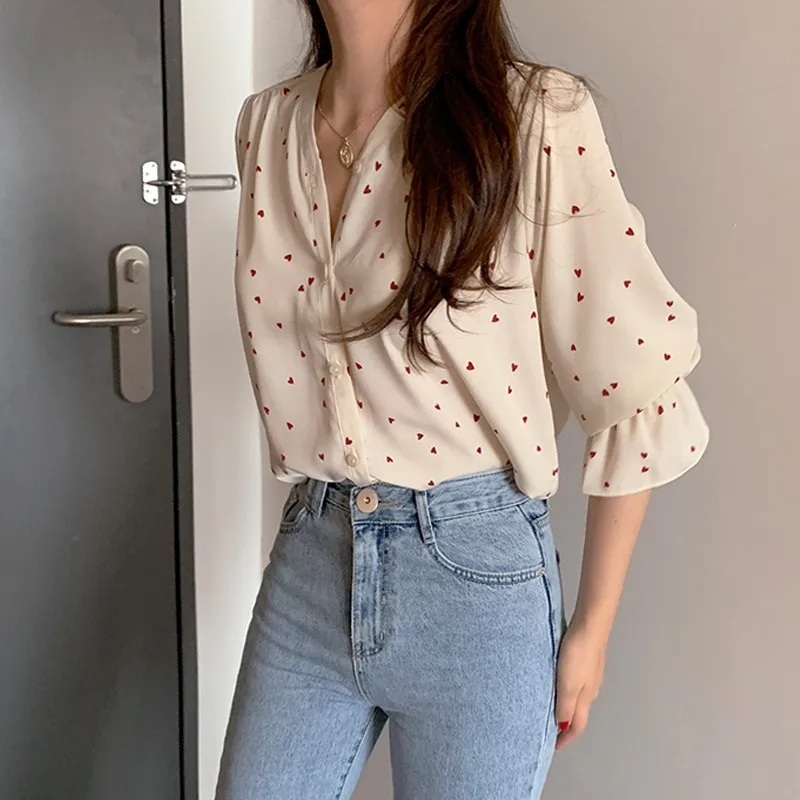 Autumn Fashion Sexy Blouse Women V-neck Love Print Shirt Sweet Long Sleeve Loose Petal Sleeve Tops Fall Clothing 5