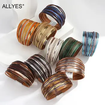 ALLYES Boho Thin Strip Multilayer Leather Bracelets for Women Fashion Multicolor Shred Wrap Bracelet Simple Unisex Jewelry