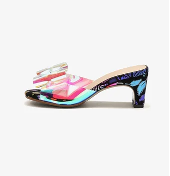 

Womens Rainbow Colors Clear PVC Slippers Bowknot Colorful Sandal Kitten High Heel Printed Colorful Beach Summer Flip flops