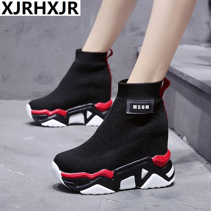 

2019 NEW Women Boots Ankle Boots Winter Stretch Platform Wedges 10CM Heel Sock Boots Fashion Shoes Woman Zapatos De Mujer