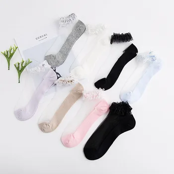 

6pieces=3pair/lot Socks fashion women summer Cotton Bottom Lace Socks Crystal Socks Glass Silk Breathable Stocs Ladies Socks