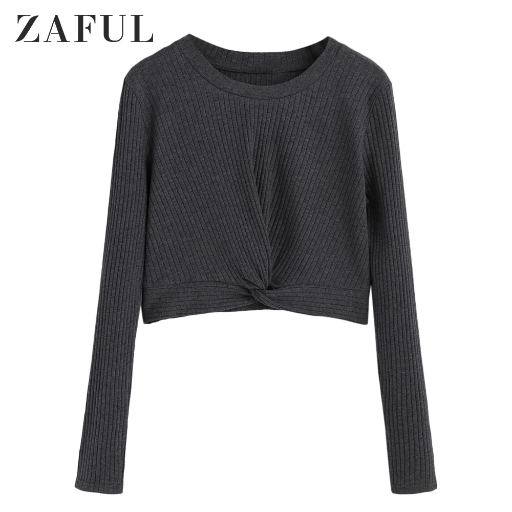 ZAFUL Women Dark Grey Twist Front Ribbed Knit Crop Casual Top Autumn Long Sleeve Form Fitted Basic Teenagers Sweater Tee | Женская