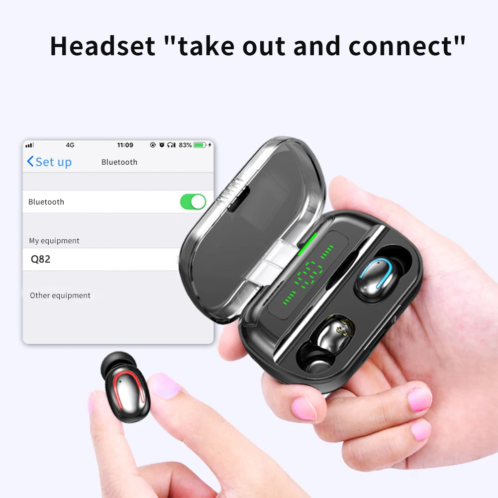 Q82 TWS, офисные Bluetooth наушники, бинауральные, для спортзала, вкладыши, беспроводные наушники, устойчивые к поту, спортивные, светодиодный, цифровой дисплей, водонепроницаемые
