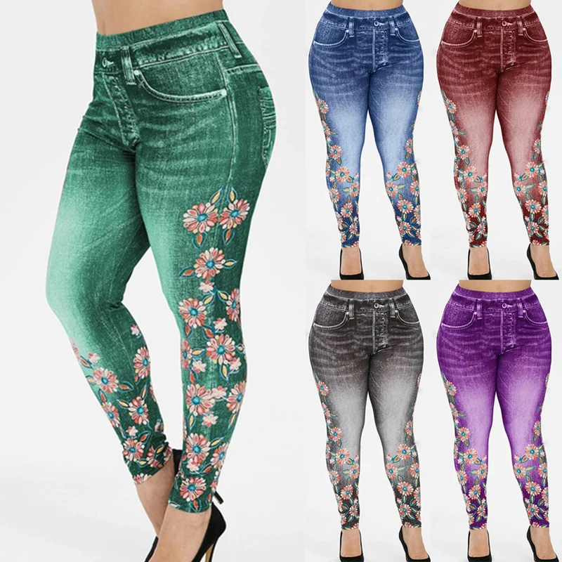 Sfit женские джинсы больших размеров с высокой талией, имитация джинсовой ткани, леггинсы с цветочным принтом, брюки Капри, повседневные штаны для тренировок, йоги