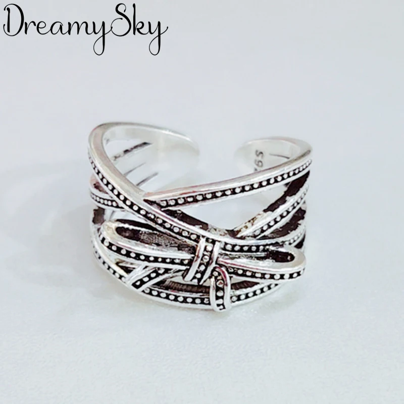 DreamySky Bohemian Ethnic 925 Sterling Silver Bow Rings for Women Bridal Wedding Vintage Open Finger Rings Christmas Gifts