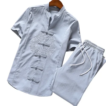 

Chinese style mens two-piece embroidery set (shirt and pants) cotton and linen shirts short sleeves and Ankle-Length pants 4xl