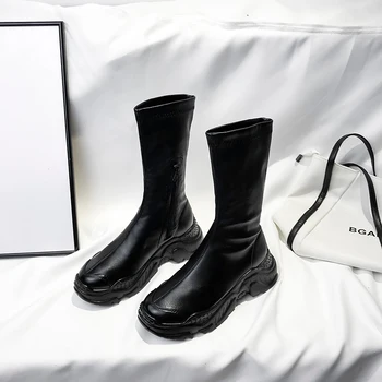 

Leather Women Round Genuine Toe Thick Bottom Chunky Tube Socks Boots Casual Wild Thin Slimming Boots Slip-On Motorcycle Boots