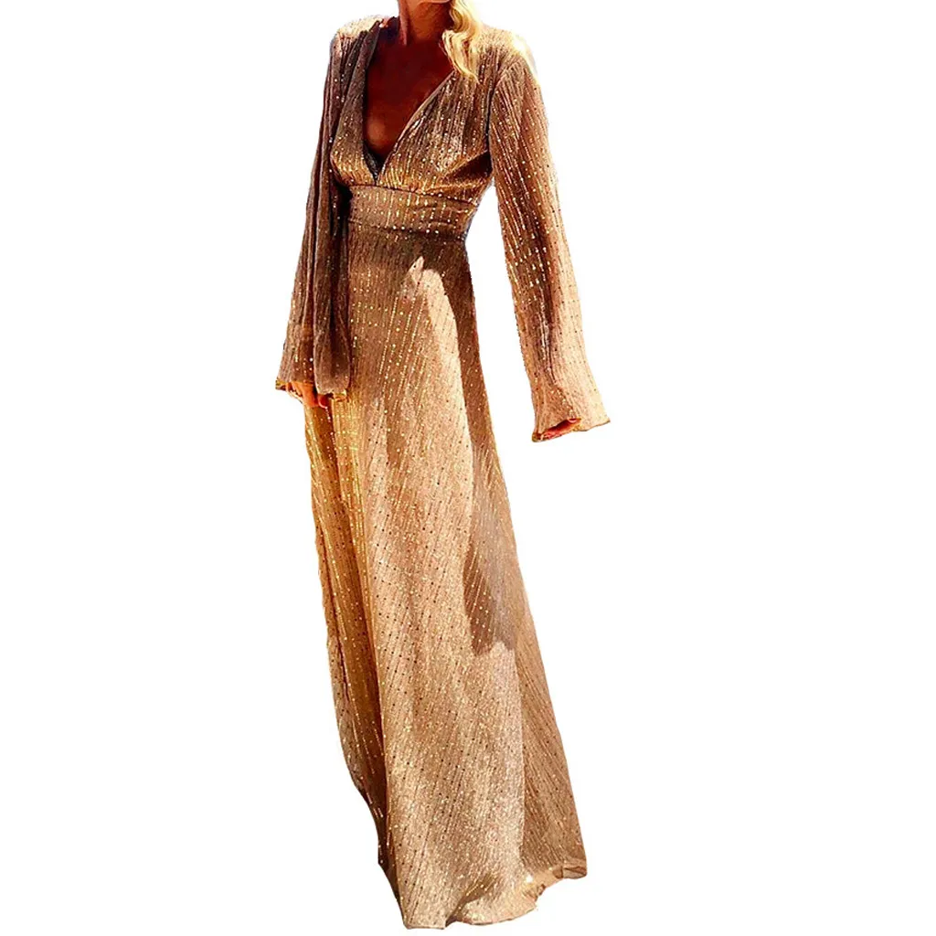 

JAYCOSIN Sexy Deep V Neck Autumn Beige Dress Women Elegant Long Sleeve Stripe Evening Maxi Dress Holiday Long Party Dresses Lady
