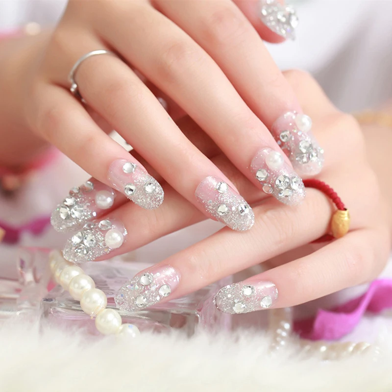 24PCS Blue White Full Nail Tips Manicure False Nails Color Jump Crystal Pearl Fake Nail Tips Artificial Finger Decor For Women