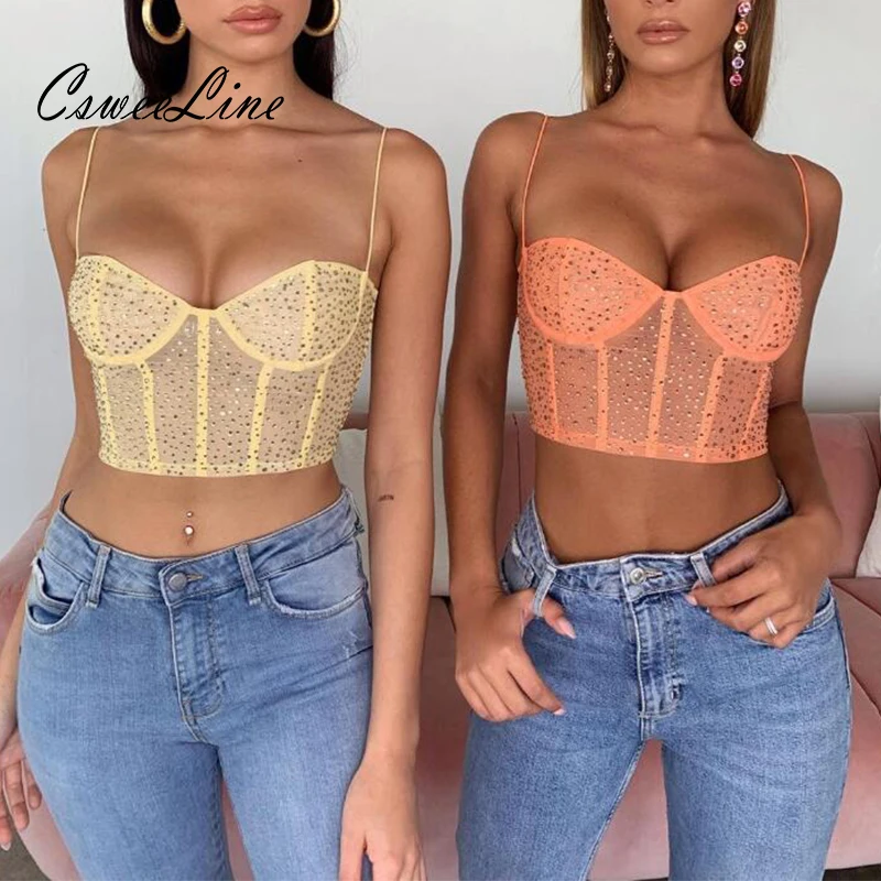 

Yellow orange women crystal crop tops Summer New Sexy Rhinestones Mesh Bra Spaghetti Strap Backless Camisole Bralette Beach Wear