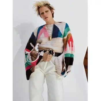 

SE 2019 Sweater Women Autumn Winter Clothes Geometric Pattern Color Matching Trumpet Sleeve Sweater High Quality Pullover