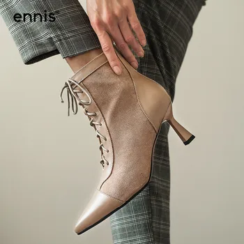 

ENNIS Pointed Toe Boots High Heels Woman Ankle Boots Lace Up Shoes Genuine Leather Stiletto Booties Zipper Autumn Winter A0143