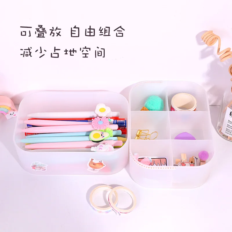 Small White PP Material Stationery Holder Kawaii Half Transparent Washi Tape Organizer Box Pen Holders