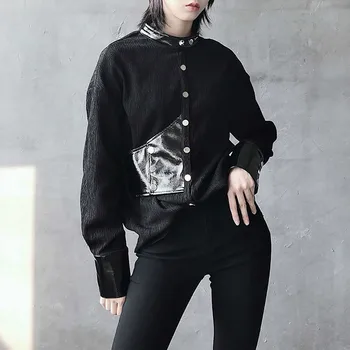 

loose Harajuku Splice Women Blouses Fashion Vintage Shirt Stand Collar Women Tops Trend Black Women Clothes Streetwear XJ3961