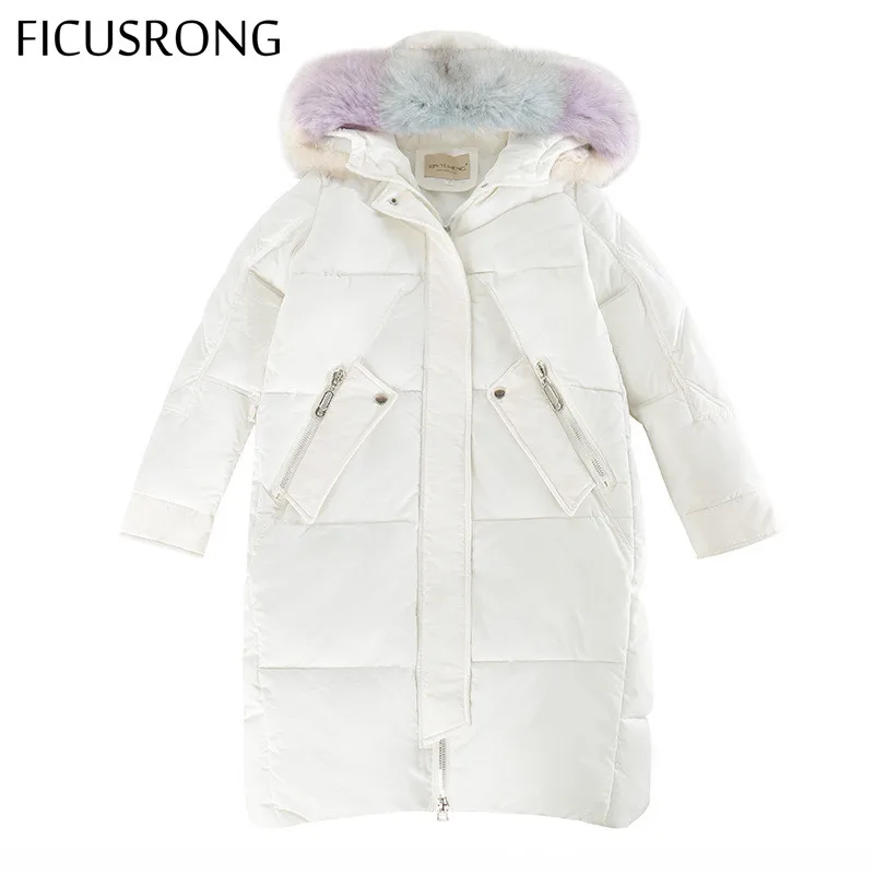

FICUSRONG Elegant Geometric Patterns Womens Winter Jackets and Coats Letter Design Warm Thicken Big Fur Collar Ladies Long Parka
