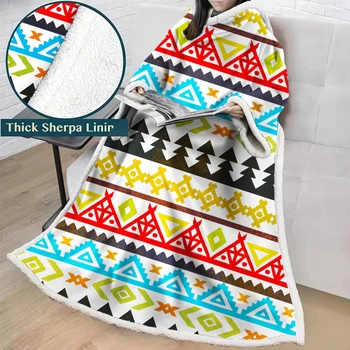 

127x178cm Geometric Print Sleeves Blanket Winter Warm Fleece Nap Blanket Adults Couch Bed Cover Blanket with Sleeves