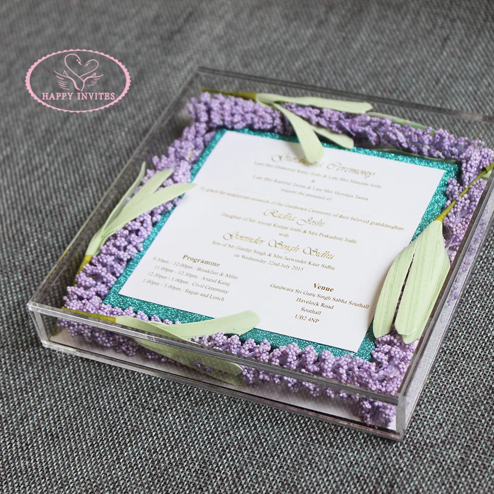 HI4083-06 Acrylic Box Wedding Invitation with Lavender Flowers Gold Foil Print For Lavender Theme Wedding