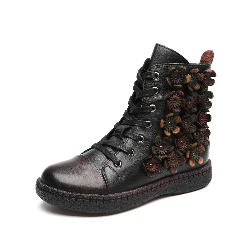 Gykaeo/зимние женские ботинки из натуральной кожи в винтажном стиле; Женская Удобная плюшевая теплая обувь на плоской подошве со шнуровкой; botas mujer invierno - Цвет: Черный
