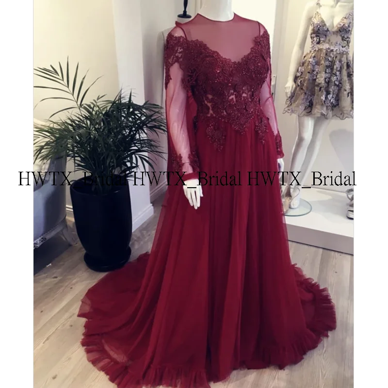 HWTX_Bridal Тюль с длинным рукавом вечернее платье Иллюзия лиф кружева размера плюс А-силуэт длинные платья для выпускного вечера на заказ Формальное вечернее платье