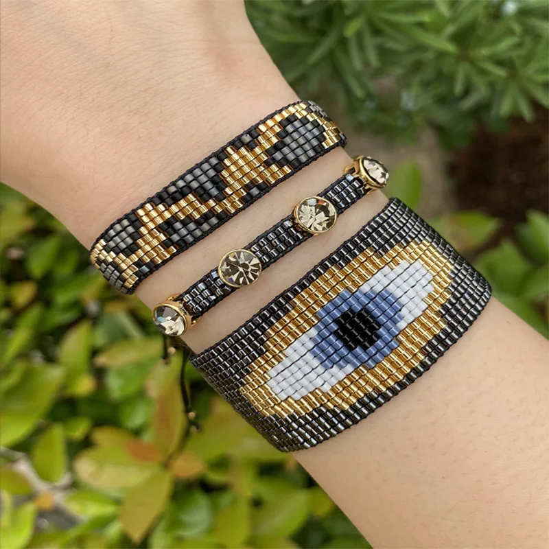 BLUESTAR Women 3pcs one set Evil Eye Bangles Leopard Grain Handmade Bohemian Crystal Bead Micro Pave Zircon MIYUKI Bracelets beaded bracelet zircon bracelet metal bead bracelet