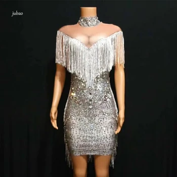 

New Design sparkly rhinestone Mesh tassel dress sexy Bodycon See through short dresses women Birthday party nightclub Celebrate