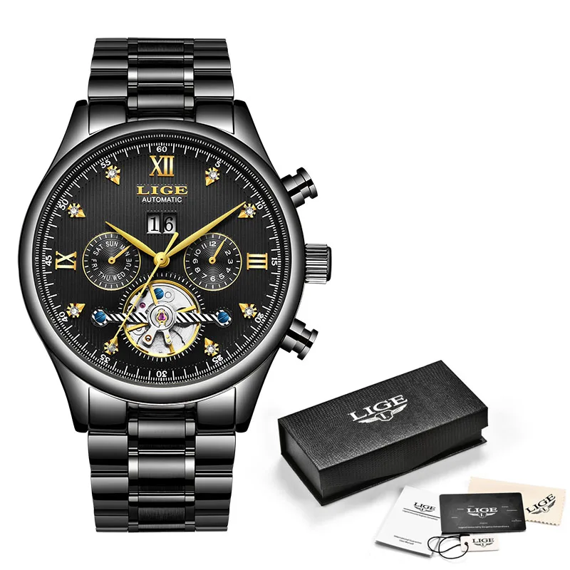 all black LIGE Горячие Автоматические Мужские механические часы мужские s часы лучший бренд класса люкс Бизнес водонепроницаемые военные Tourbillon часы reloj hombre - Цвет: all black