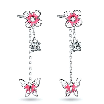 

XiaoJing 100% 925 Sterling Silver pink Enamel Flower butterfly Drop Earrings 2020 Women Fashion Jewelry for Lover Gift wholesale