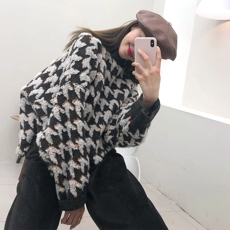 Модный осенне-зимний свитер с узором «гусиная лапка», Женский пуловер, необычный Повседневный свободный винтажный корейский женский топ, вязаная одежда, CY-001