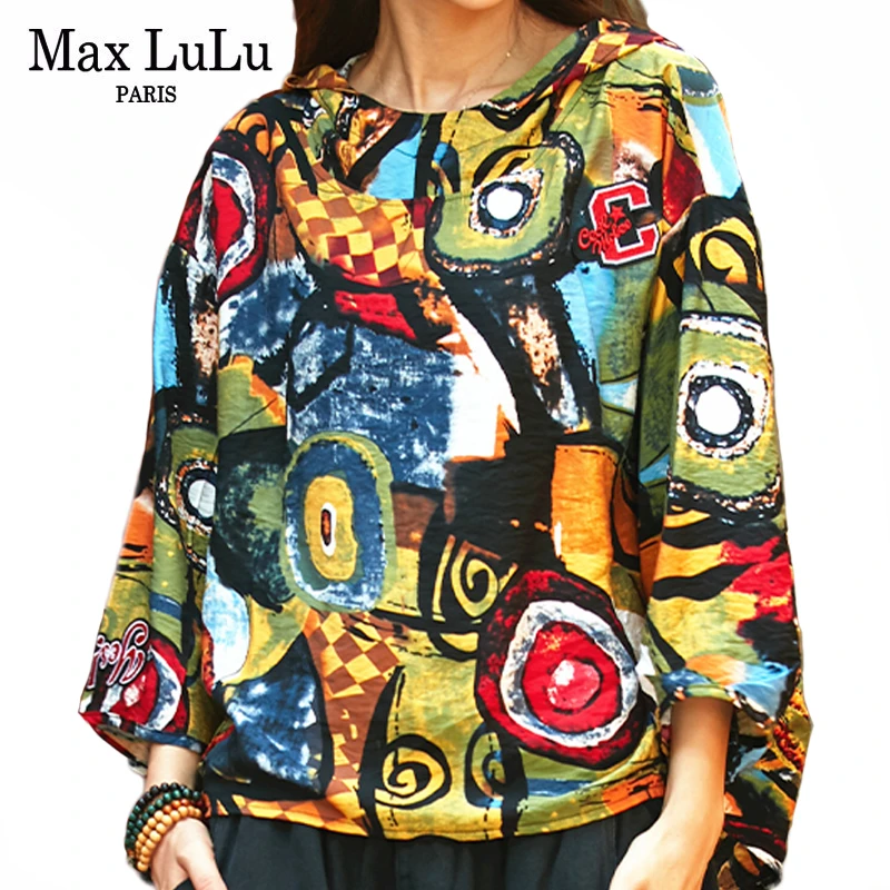 Max LuLu/ корейские модные осенние женские топы с принтом, блузоны с капюшоном, женские шифоновые рубашки больших размеров, повседневная одежда