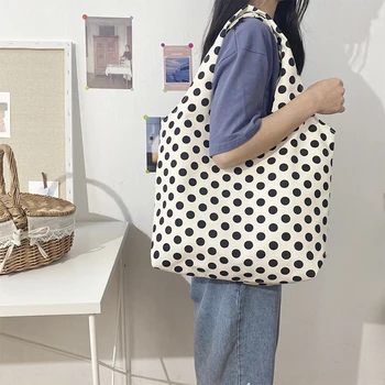 

Polka Dot Printed Shoulder Bags Classic Texture Creative Portable Chic Women Canvas Daily Large Reusable Shopping Totes
