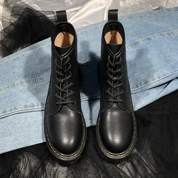 

New Celebrity Shoes Women Fashion Platform Boots Breathable Round Toe Lace-Up Leather Black Ankle Booties Women Motorcycle Boots