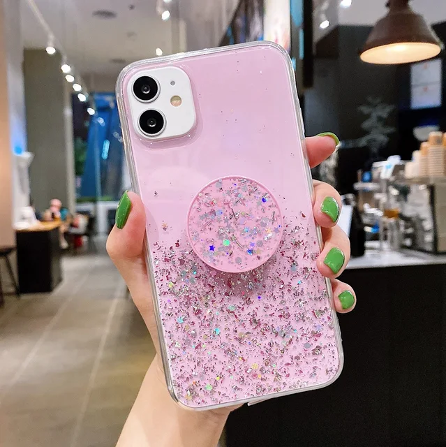 Stand Holder Glitter Case For Vivo X60 X50 X30 X9 X9S X27 Pro X20 V15 V17 V19 V20 SE V21 V21E V5 V7 V9 Plus Silicone Clear Cover Pink