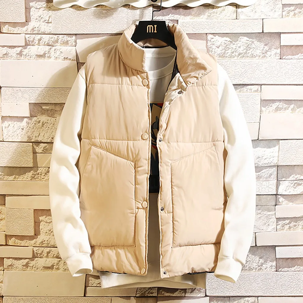 Хаки Зимний мужской жилет, однотонный, на пуговицах, Повседневный, без рукавов, куртка с хлопковой подкладкой, жилет, теплое пальто, d90921 - Цвет: Хаки