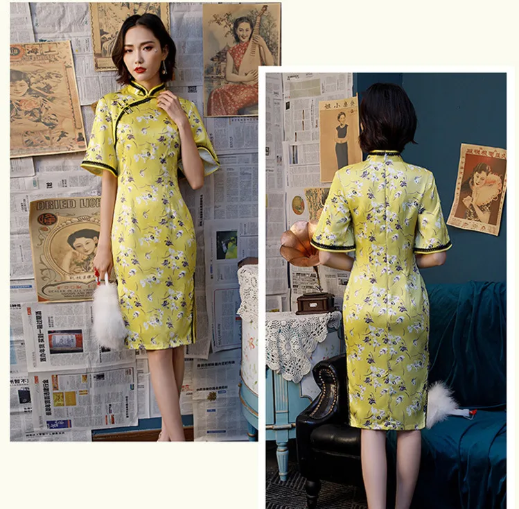 Sheng Coco женские желтые шелковые платья Чонсам Qipao Nigth вечерние кружевные платья с коротким рукавом в восточном стиле с цветочным принтом Qi Pao
