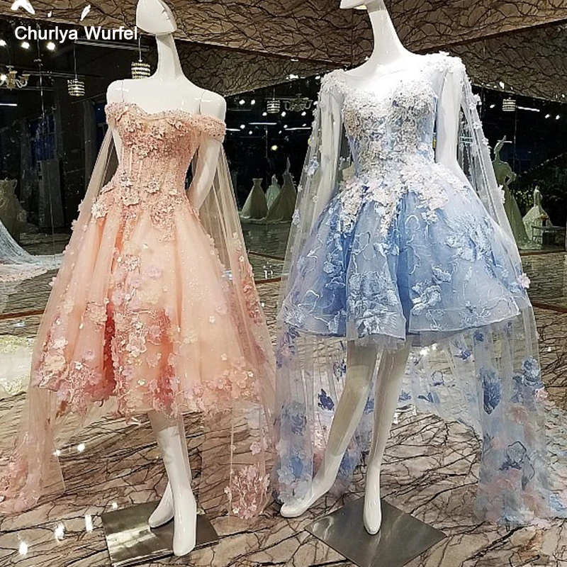 LS00137 короткое вечернее платье с длинным накидком зашнуруйте назад аппликациями розовые и синие платья выпускного вечера реальных фотографий