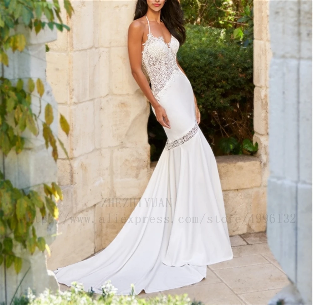 

Illsion Halter Backless Satin And Lace Sheath Full-Length Lace Wedding Dress Appliques Dropped Simple Wedding Dresses 2019