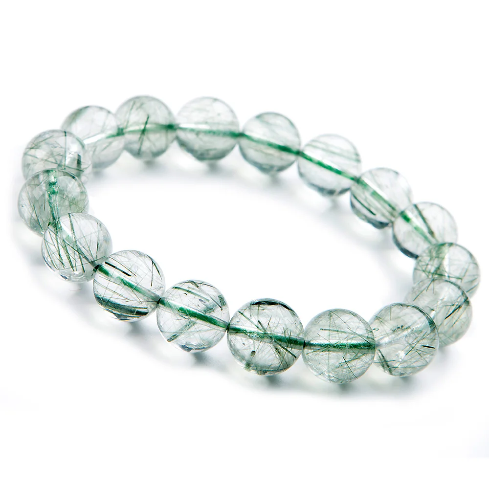 Genuine Brazil Natural Green Rutilated Quartz Gemstone Bracelet 12mm For Women Female Stretch Crystal Round Bead Bracelet AAAAA