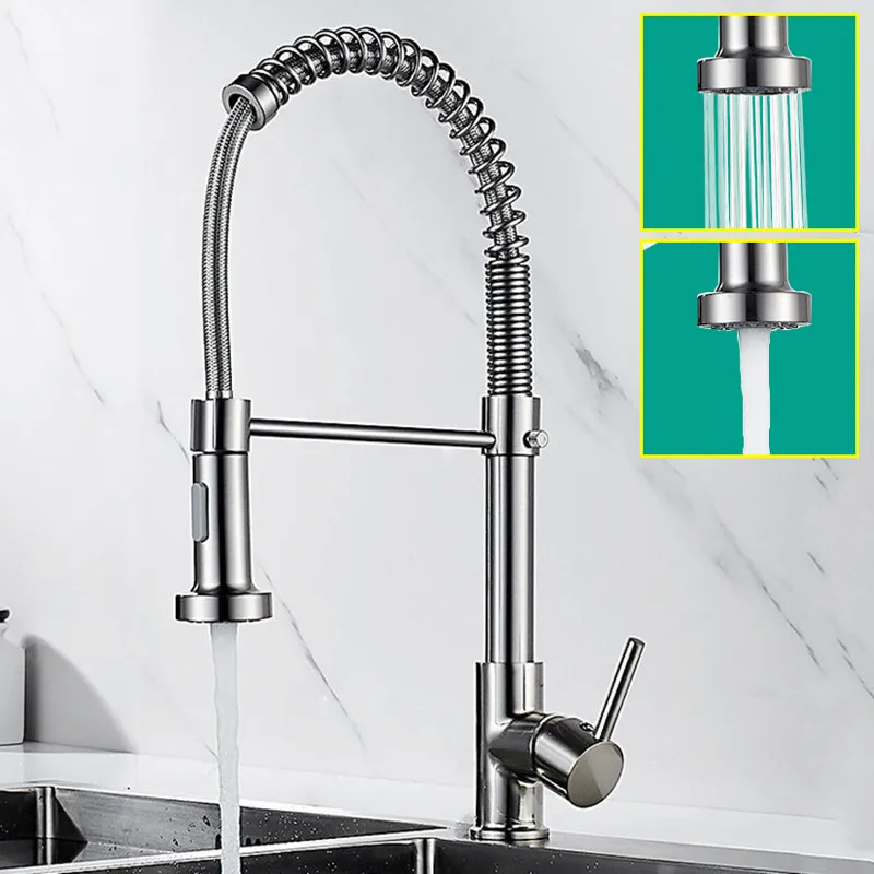 Brushed Brass Nickel Hot and Cold Kitchen Sink Faucets 360 Rotation Single Lever Pull Out Spring Spout Water Mixers Tap Crane|Kitchen Faucets| - AliExpress